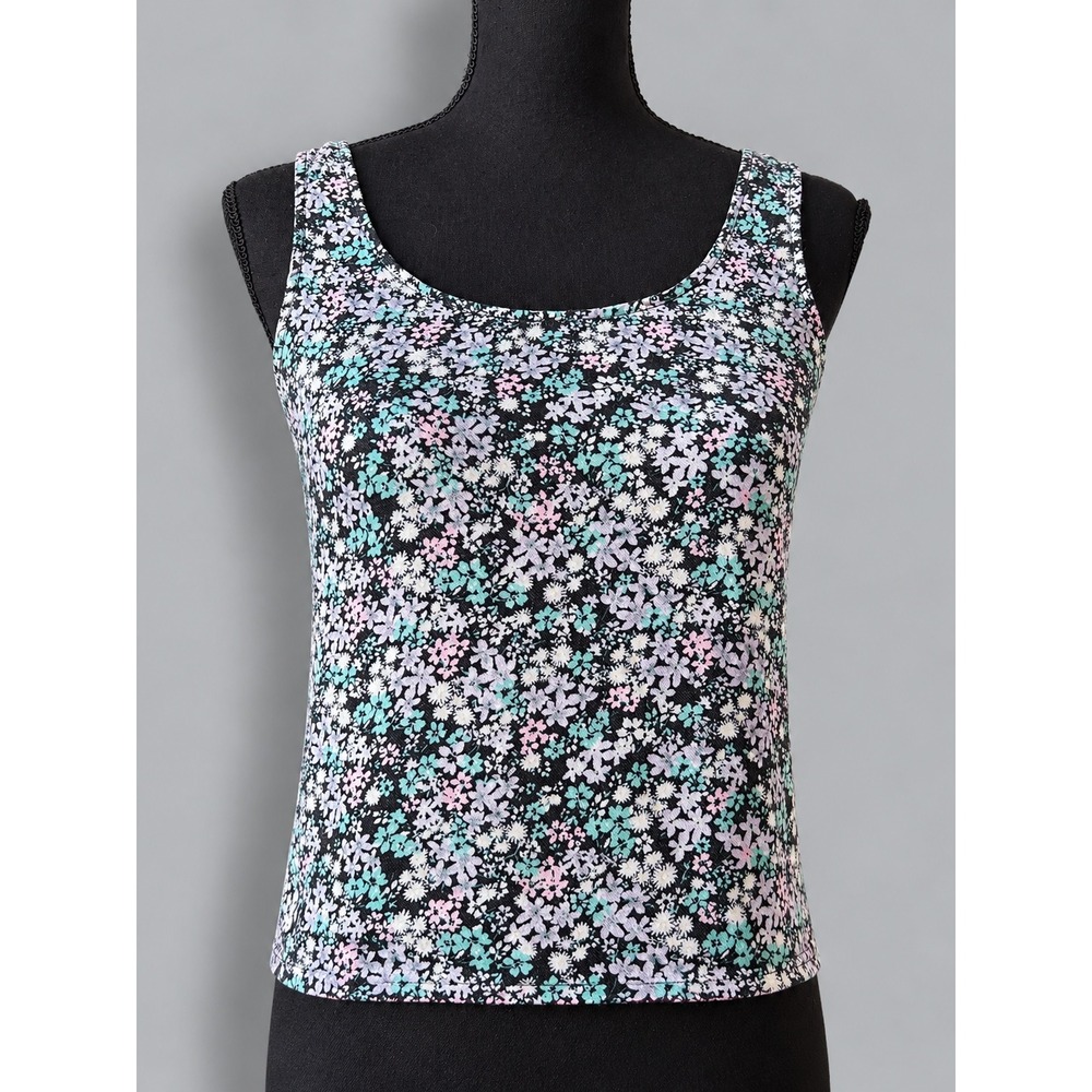 SO Heritage Tank Top Womens XS Black Floral Excellent Button Back Crop Scoop